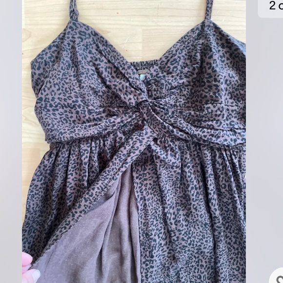 FREE PEOPLE brown black sleeveless top Sz M open front Linen Leopard animal L11 - Picture 2 of 4